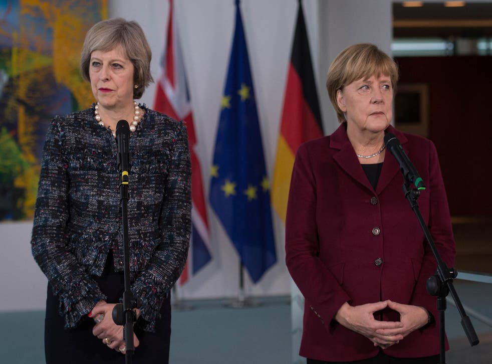 Theresa May and German Chancellor Angela Merkel at a recent meeting in Berlin