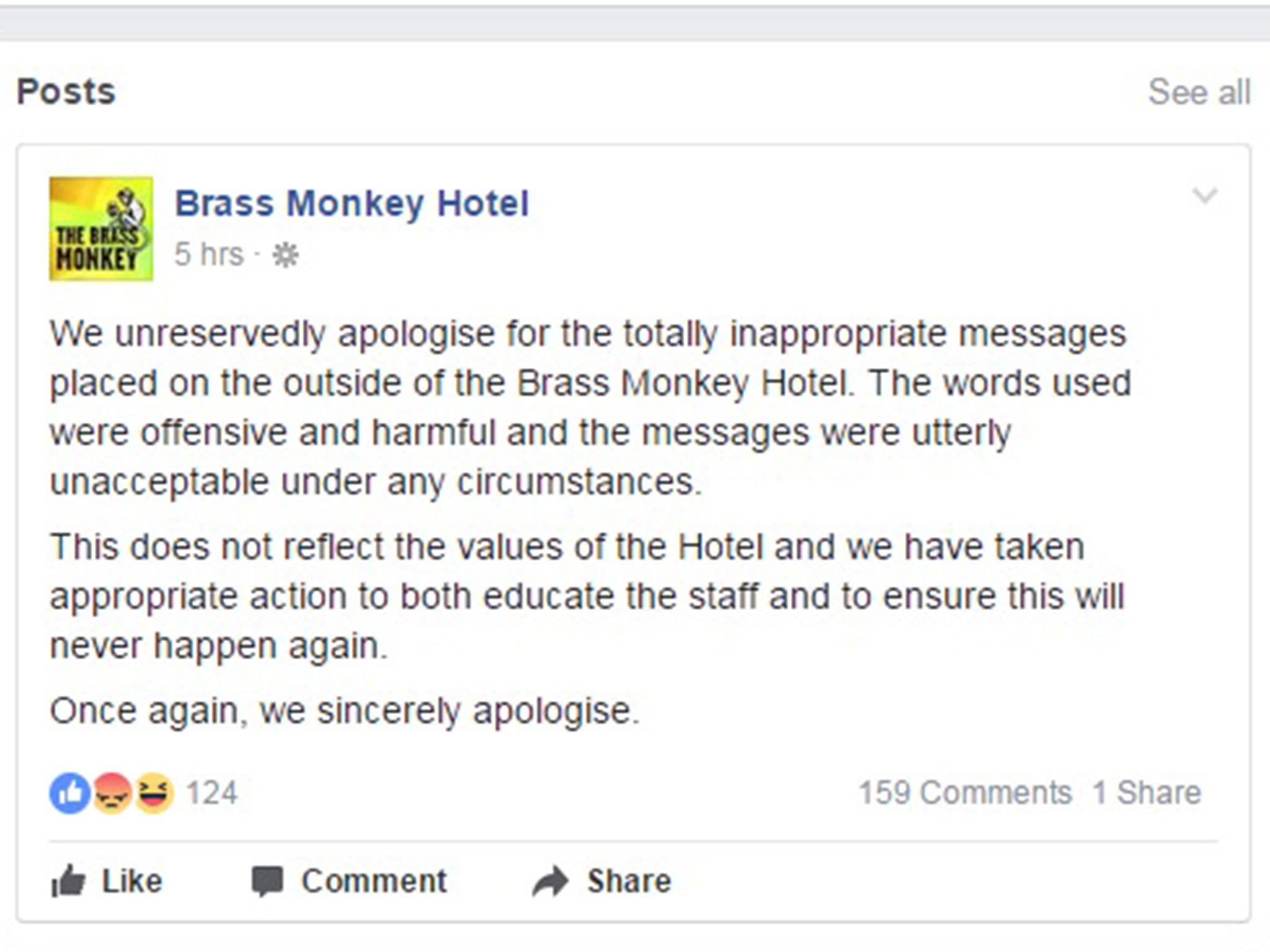 An earlier message, posted a day before this one, was slightly more reserved Brass Monkey Hotel/Facebook