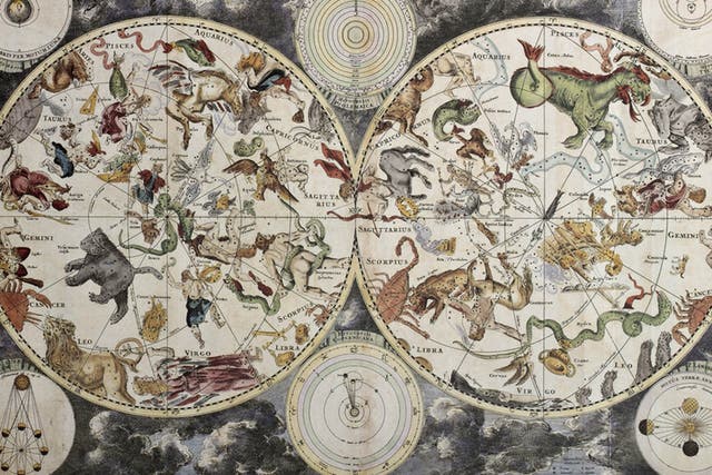 Old sky map depicting boreal and austral hemispheres with constellations and zodiac signs