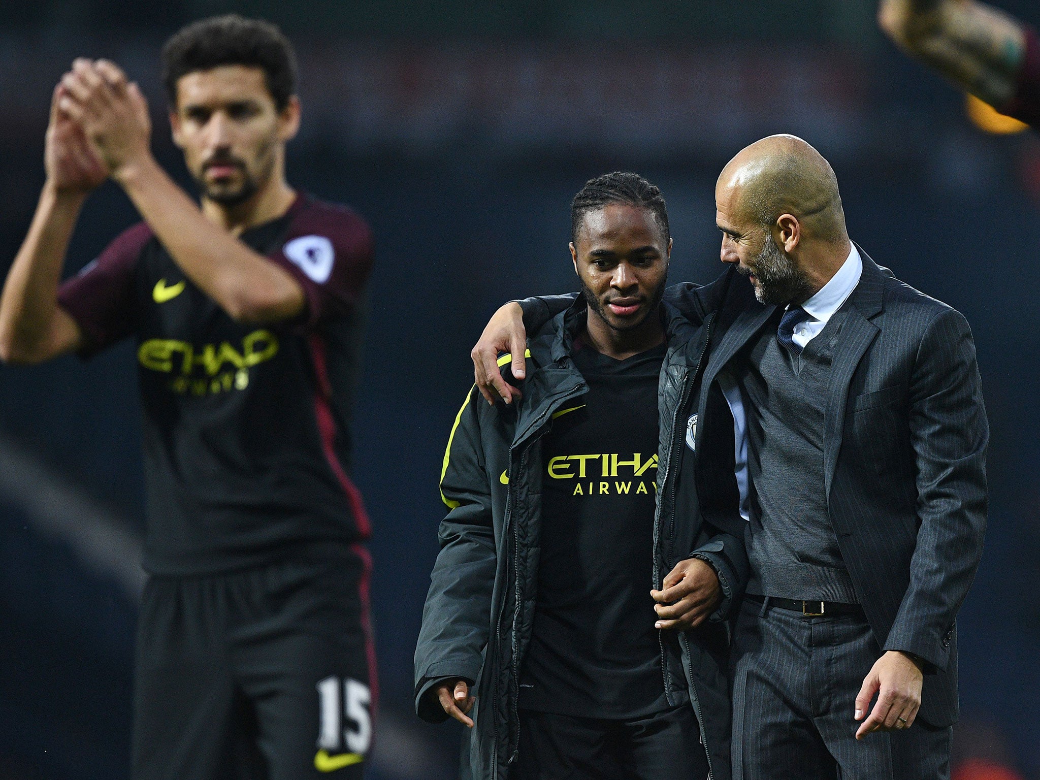 Pep Guardiola with Raheem Sterling following their 4-0 victory over West Brom