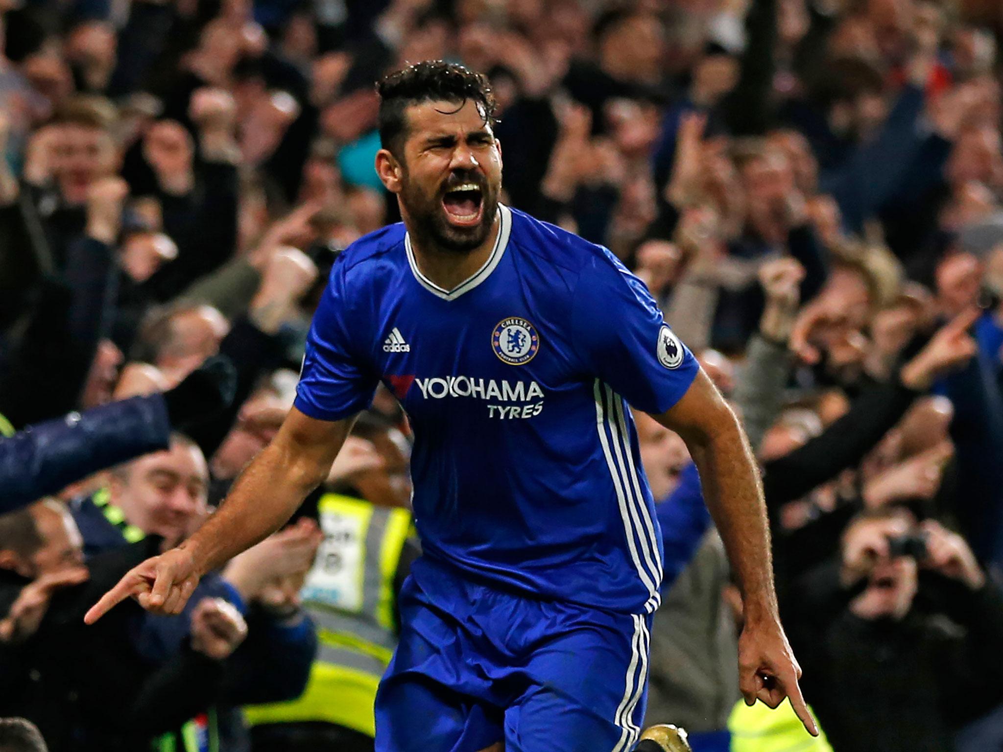 Diego Costa celebrates scoring Chelsea's fourth goal in the 4-2 victory over Stoke City