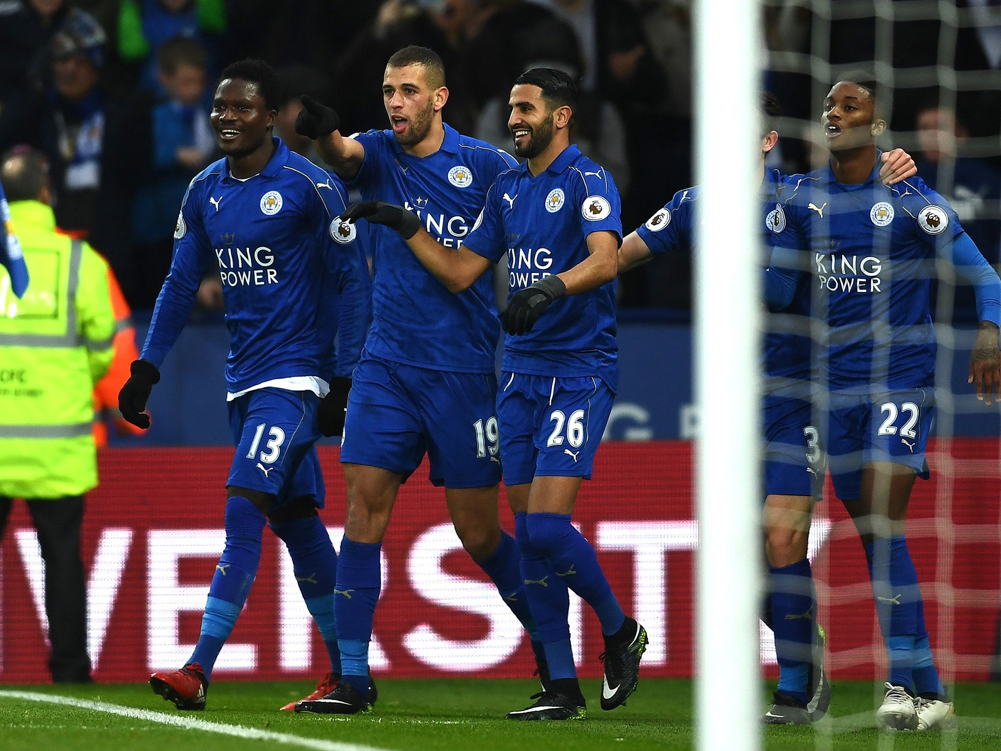 Islam Slimani celebrates putting Leicester City ahead