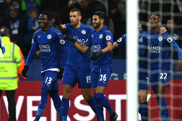 Islam Slimani celebrates putting Leicester City ahead