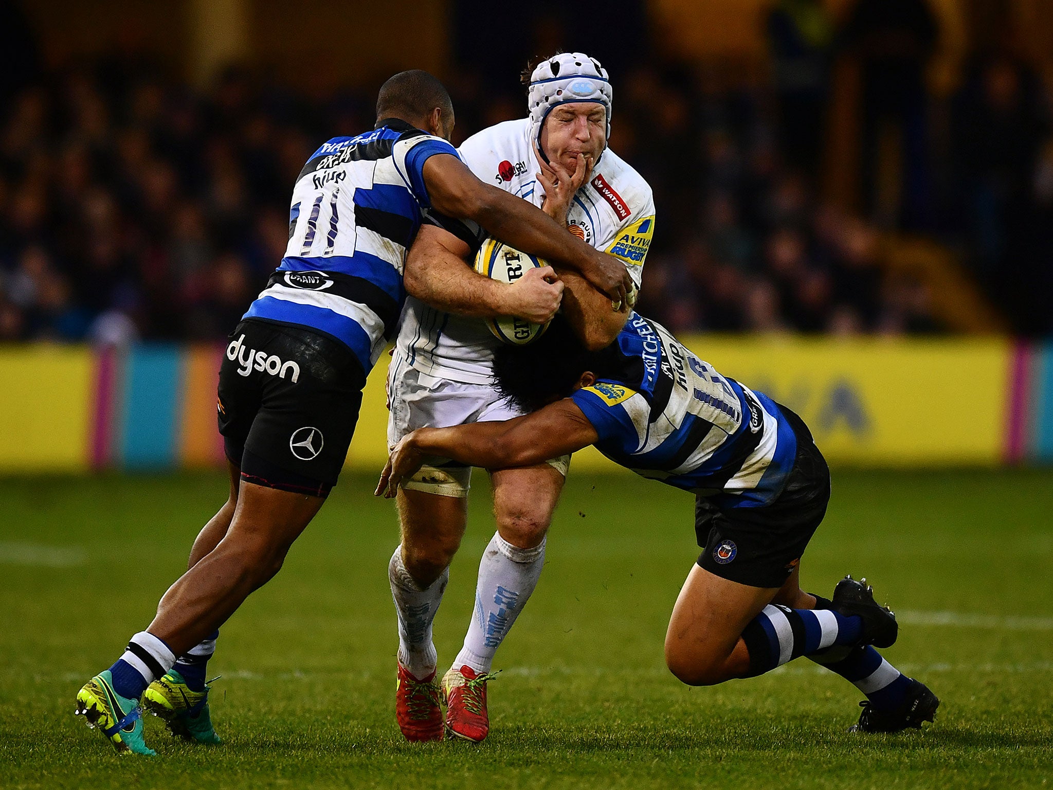 Thomas Waldrom is tackled during Exeter's victory over rivals Bath