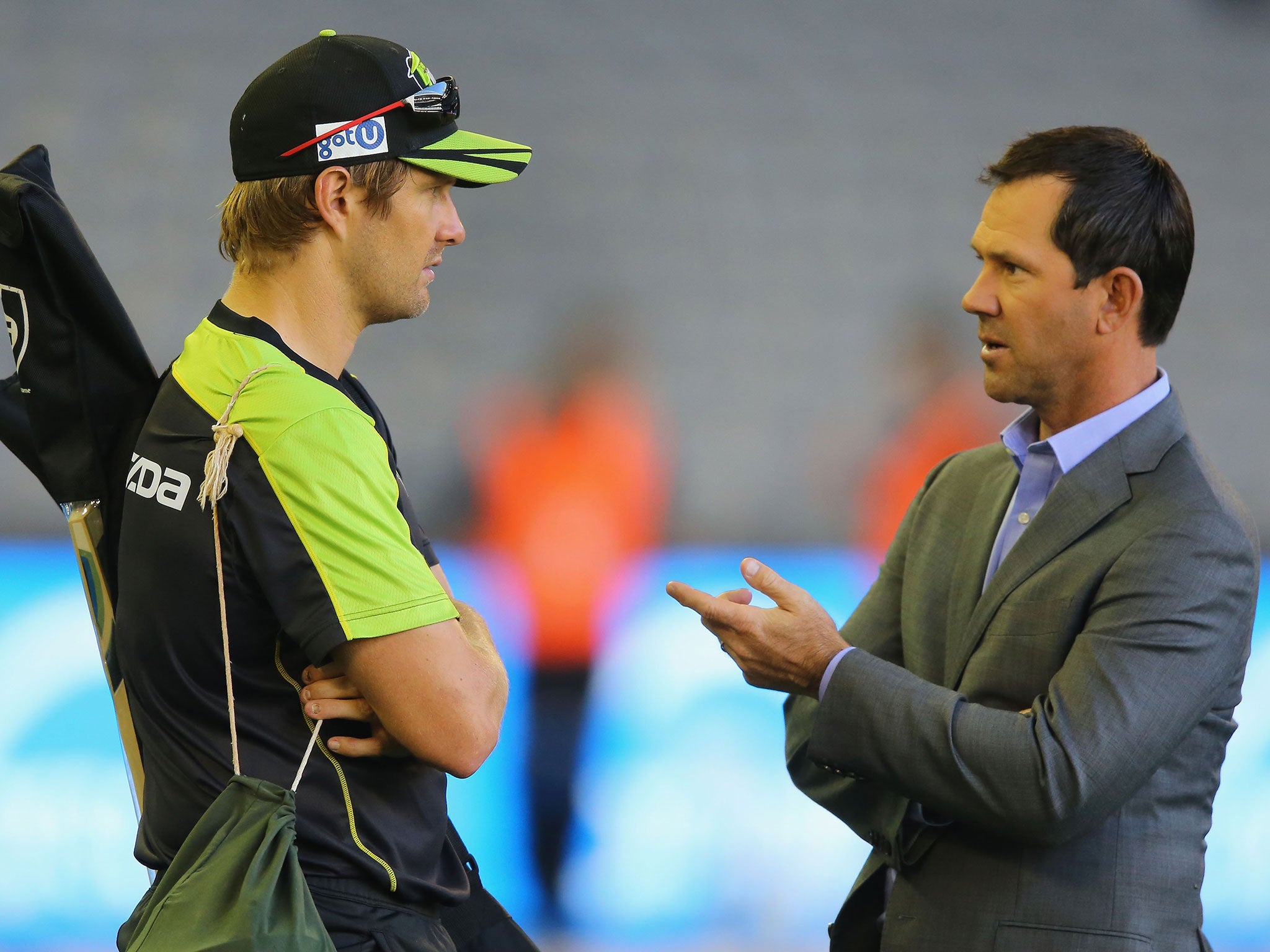 Former test captain and now Channel Ten Big Bash commentator Ricky Ponting with Shane Watson