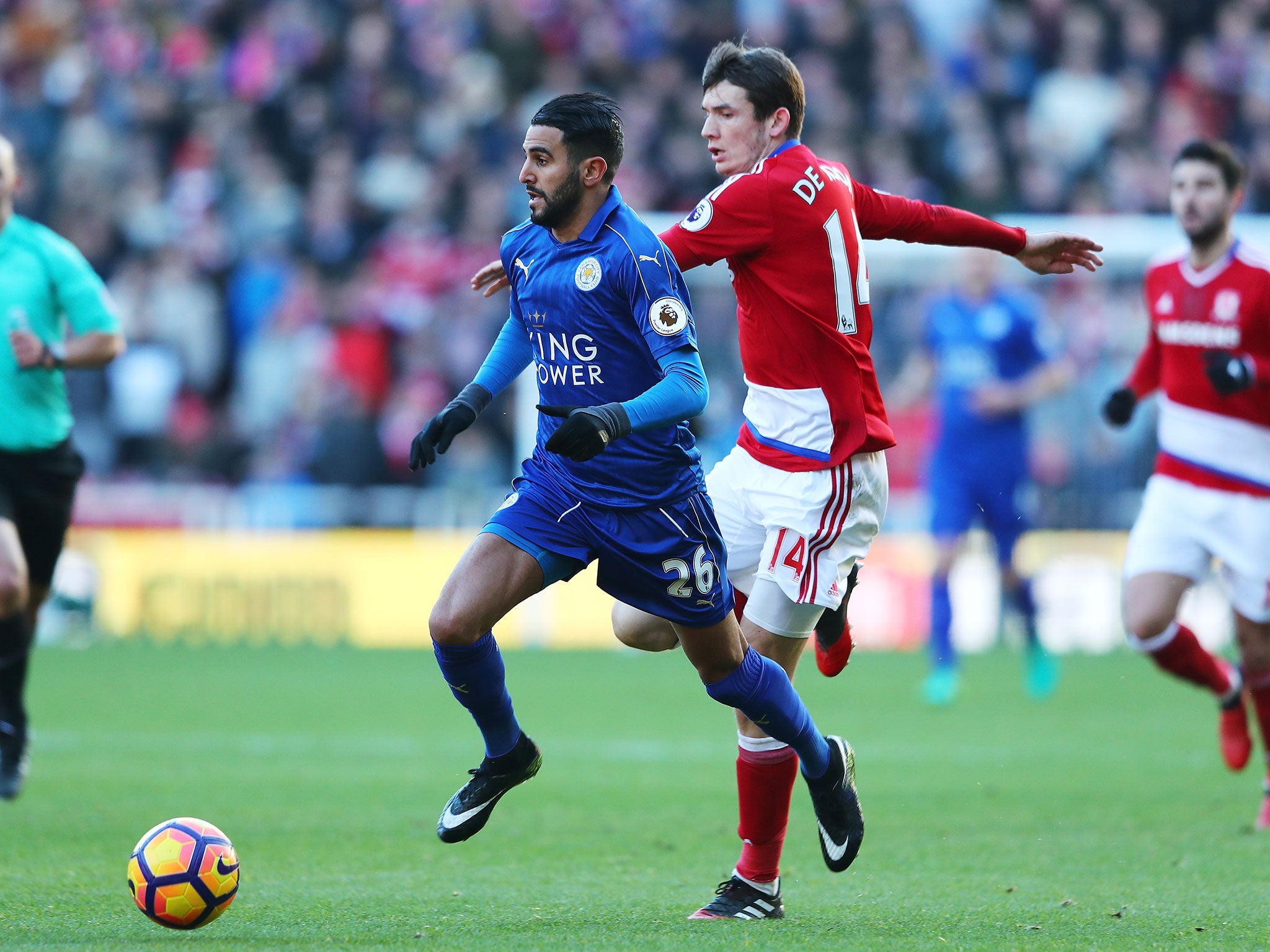 Riyad Mahrez dances past Marten de Roon