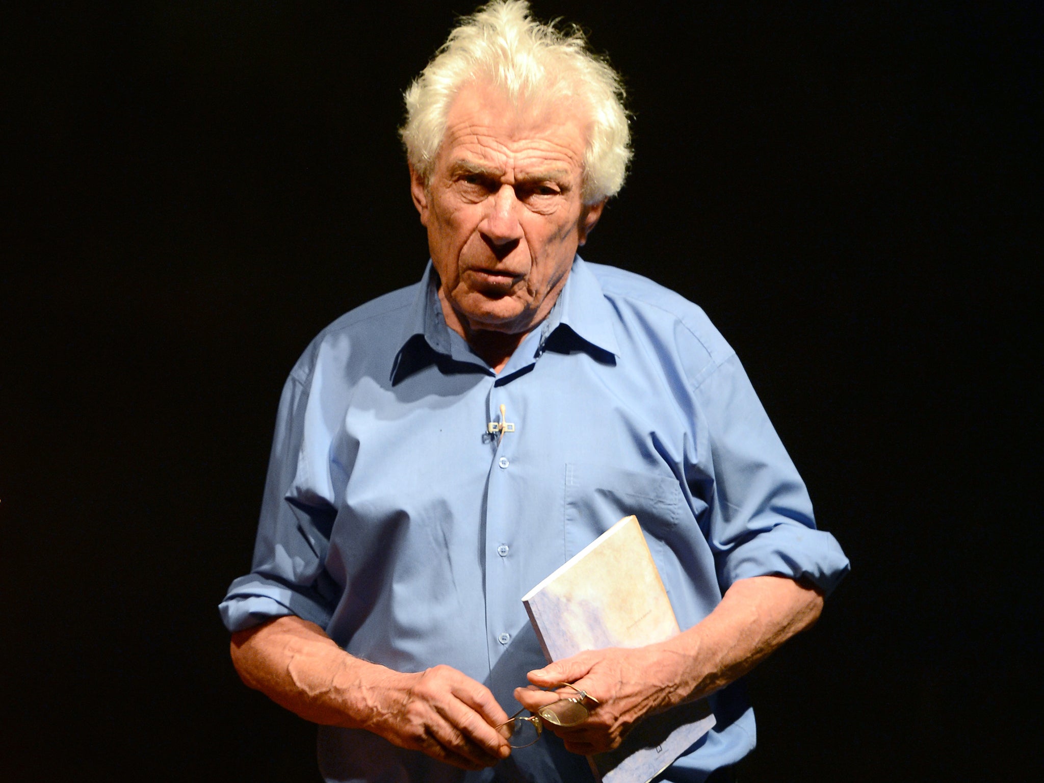 John Berger performs during a rehearsal in 2012 of the play 'Est-ce que tu dors?' written and directed by John and Katya Berger