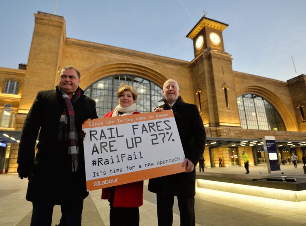 Manuel Cortes, General Secretary of the Transport Salaried Staffs' Association, (left) joins Labour politicians Emily Thornberry and Andrew McDonald (right) outside King's Cross Station in London