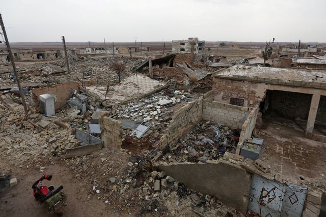 A general view shows the damage in Doudyan village in northern Aleppo Governorate,