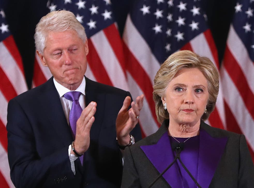 Hillary Clinton, accompanied by her husband former President Bill Clinton, concedes the presidential election on 9 November