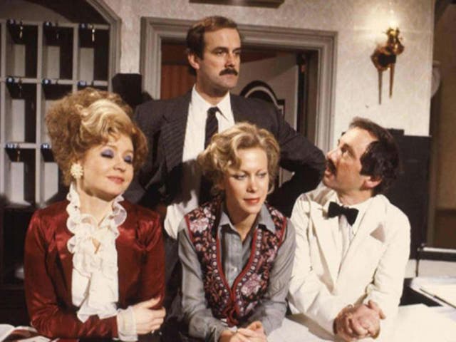 ‘Fawlty Towers’: Prunella Scales as Sybil Fawlty, Cleese as Basil Fawlty, Connie Booth as Polly Sherman and Andrew Sachs as Manuel