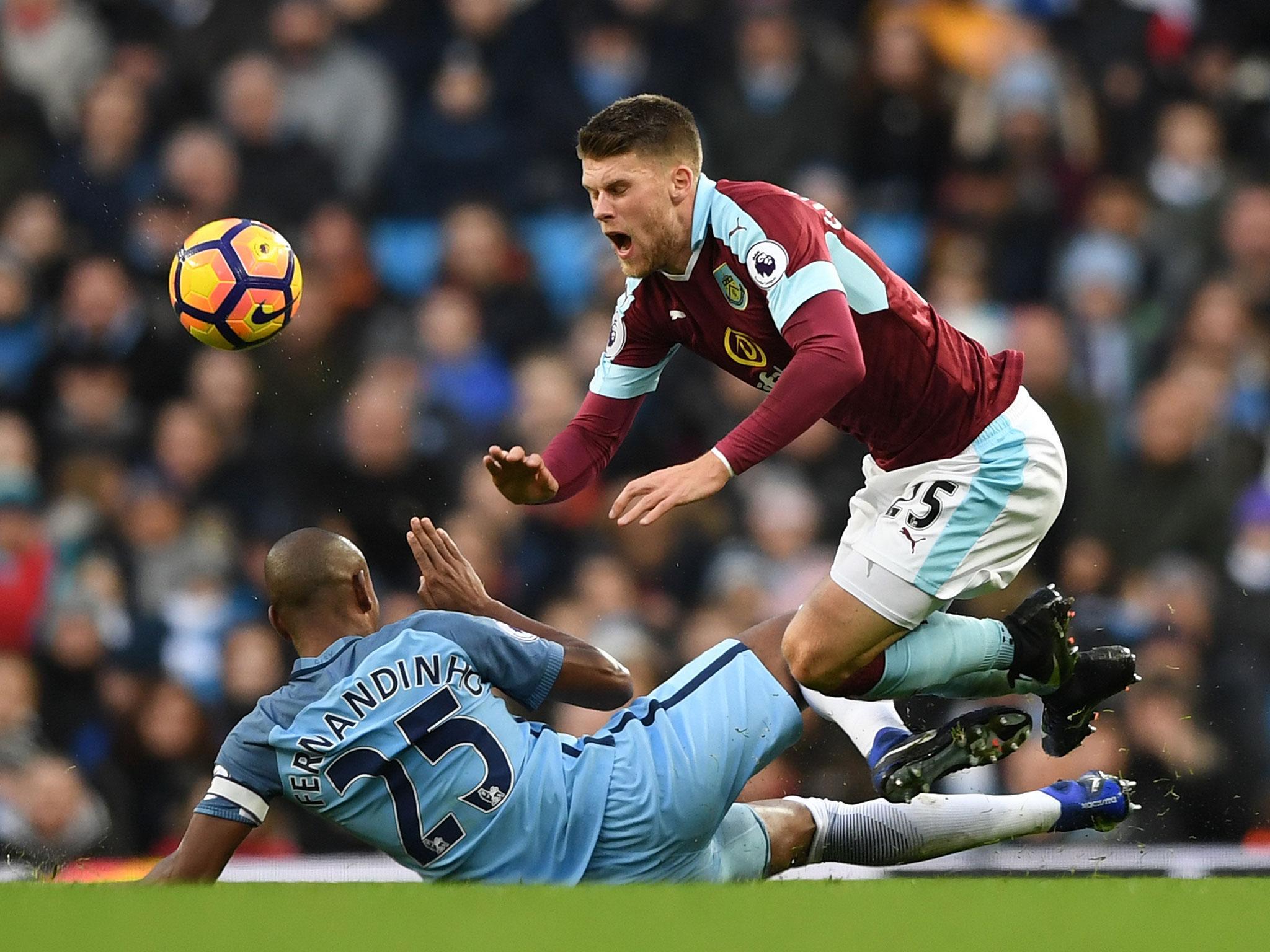 Fernandinho was sent off for this tackle on Burnley's Johann Berg Gudmundsson