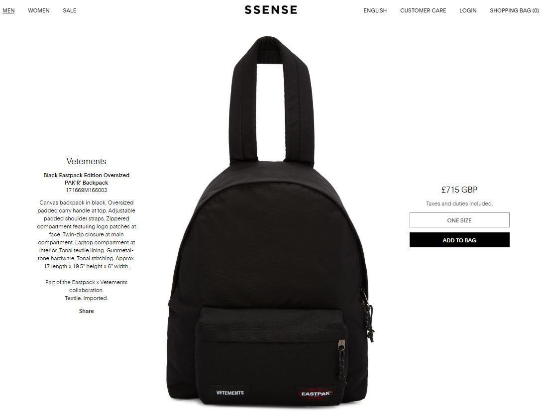 The Vetements backpack can be bought for a pricey ?715