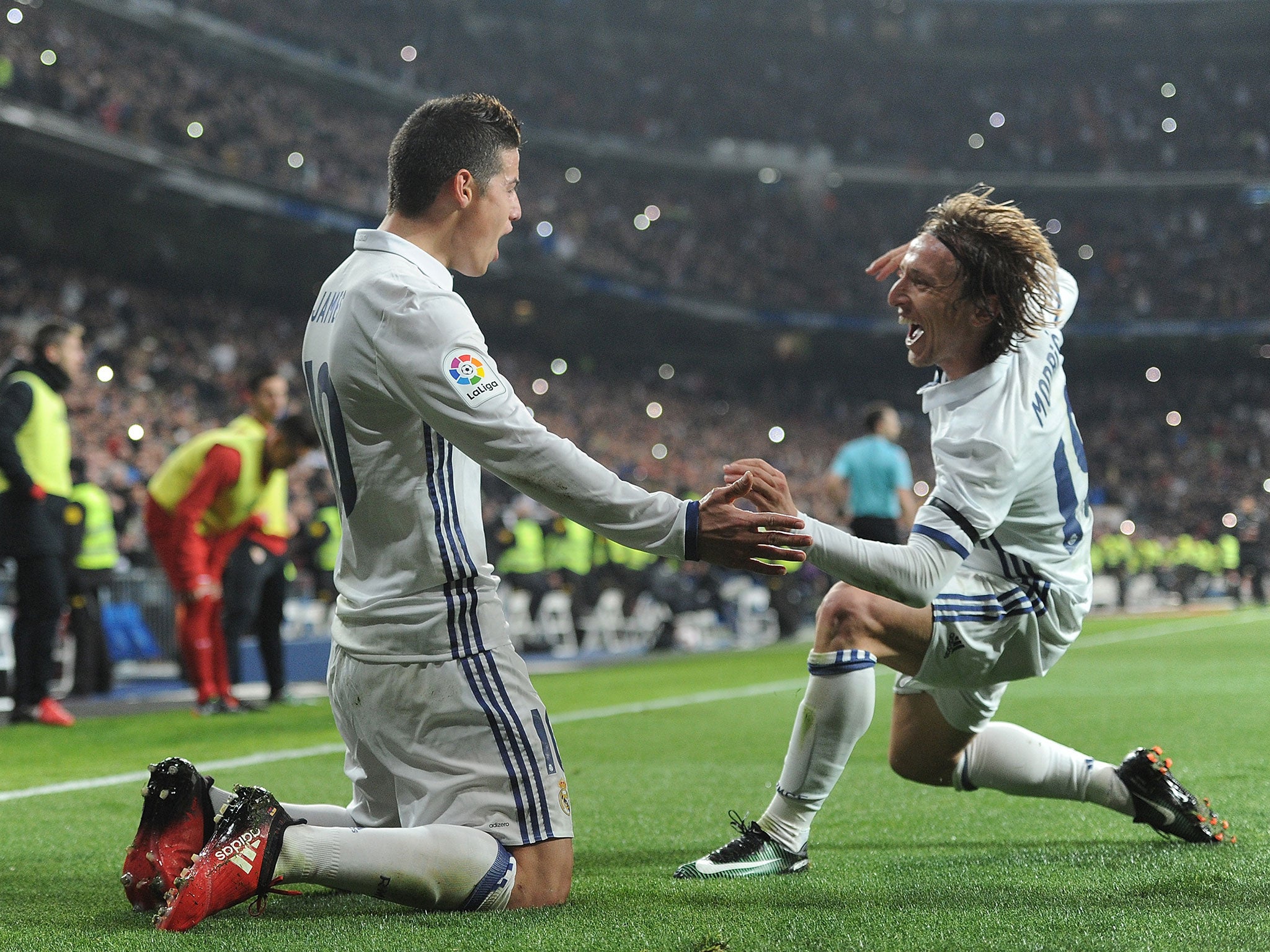 James Rodriguez and Luka Modric after Real Madrid's third