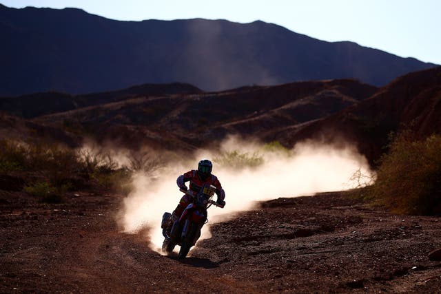 A rider competing on the third stage of the 2017 Dakar Rally between San Miguel de Tucuman and San Salvador de Jujuy