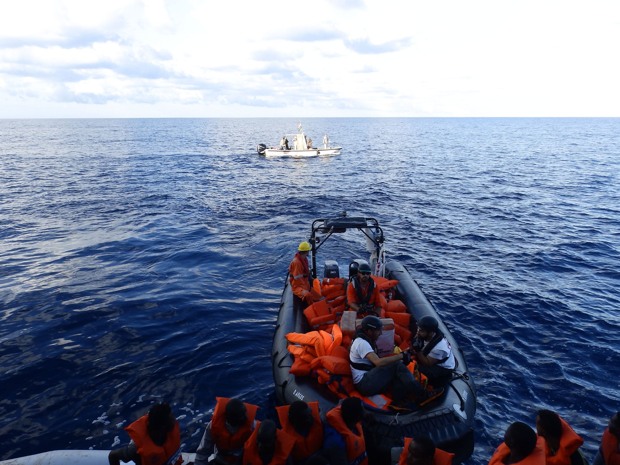 A Libyan coastguard boat observing a rescue by MSF’s Bourbon Argos ship on 4 November 2016