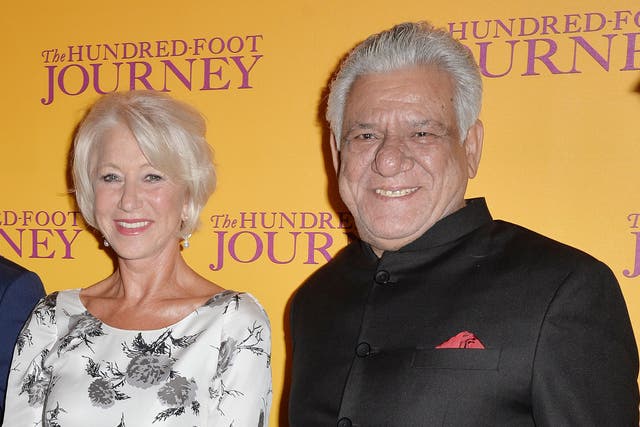 Om Puri pictured with Dame Helen Mirren at the London premiere of their 2014 film The Hundred-Foot Journey