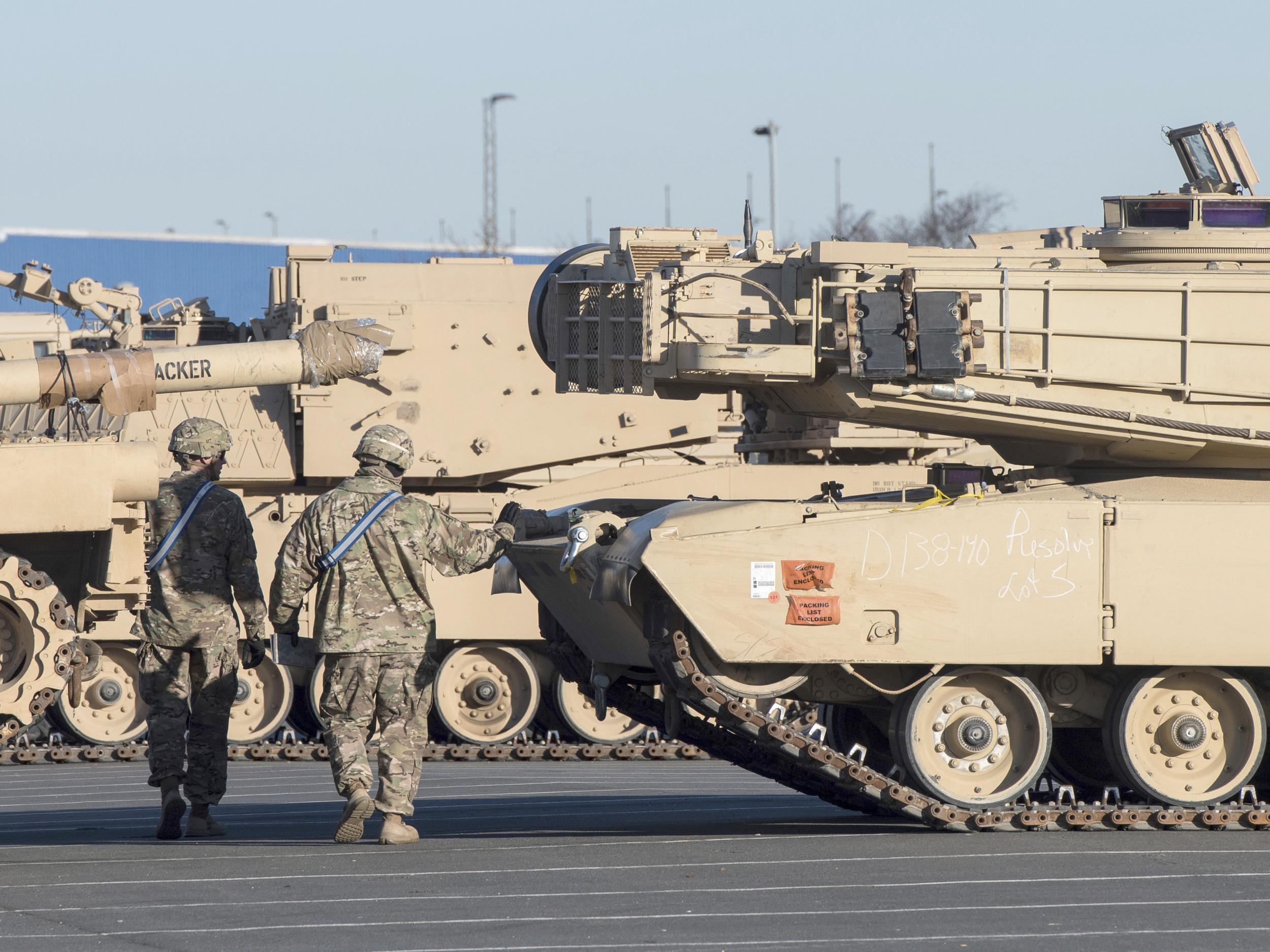 US tanks arrive in Bremerhaven, Germany, bound for Poland as part of Operation Atlantic Resolve