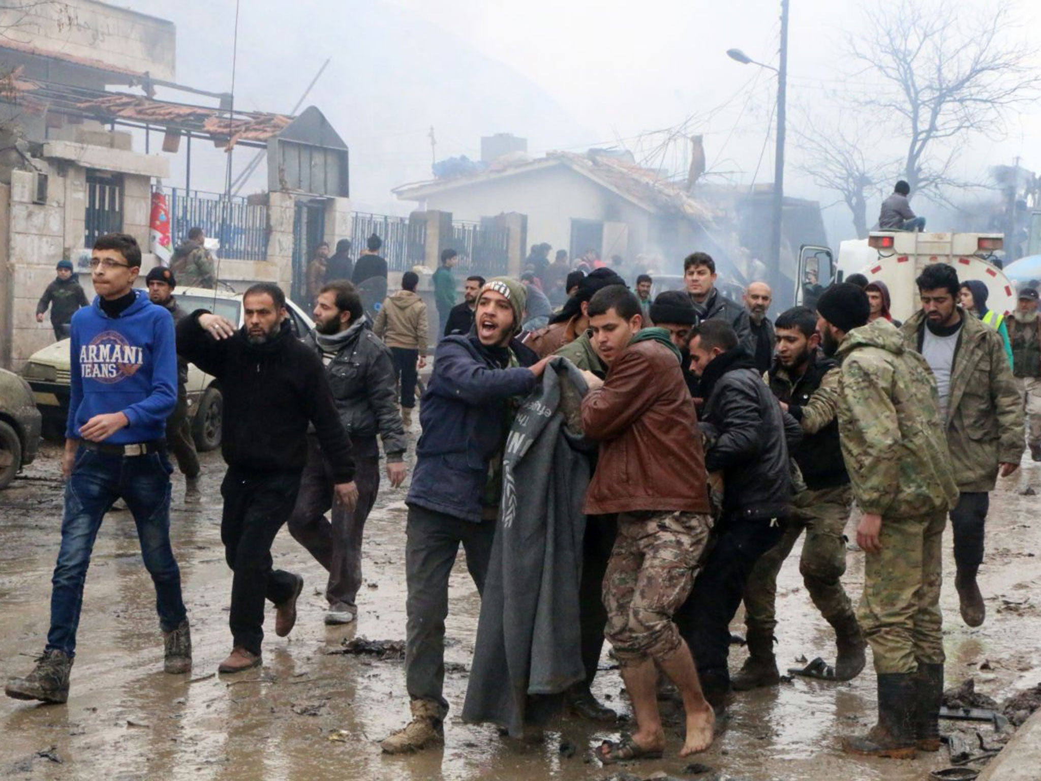 The scene of a bombing in the rebel-held Syrian city of Azaz, near the Turkish border, on 7 January