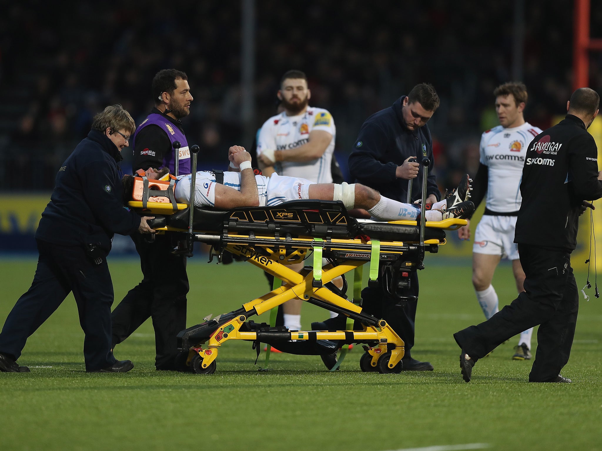 Geoff Parling left the field on a stretcher after the collision with Barrington and Brad Barritt