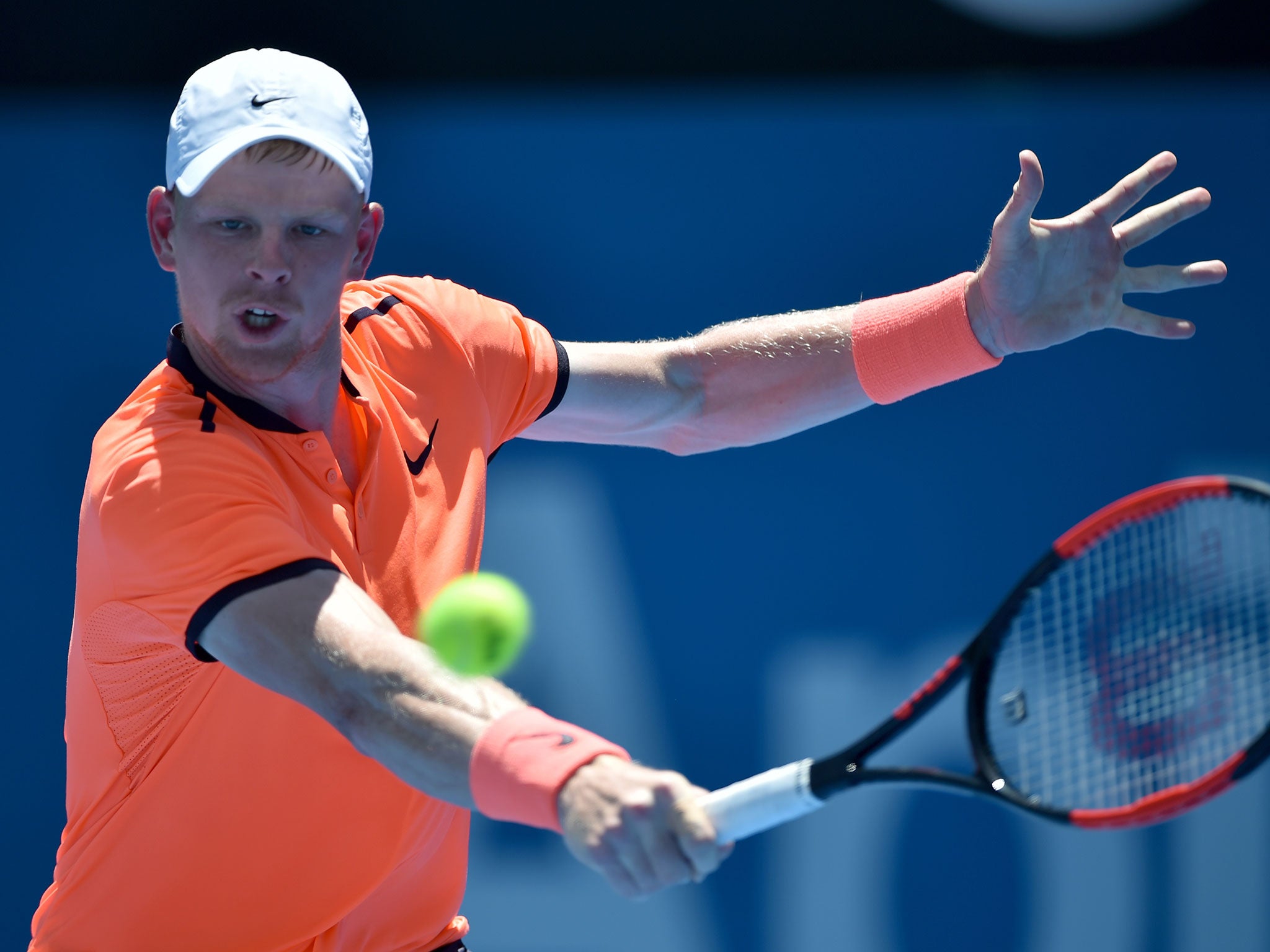 Kyle Edmund in action against Matthew Barton of Australia at the Sydney International