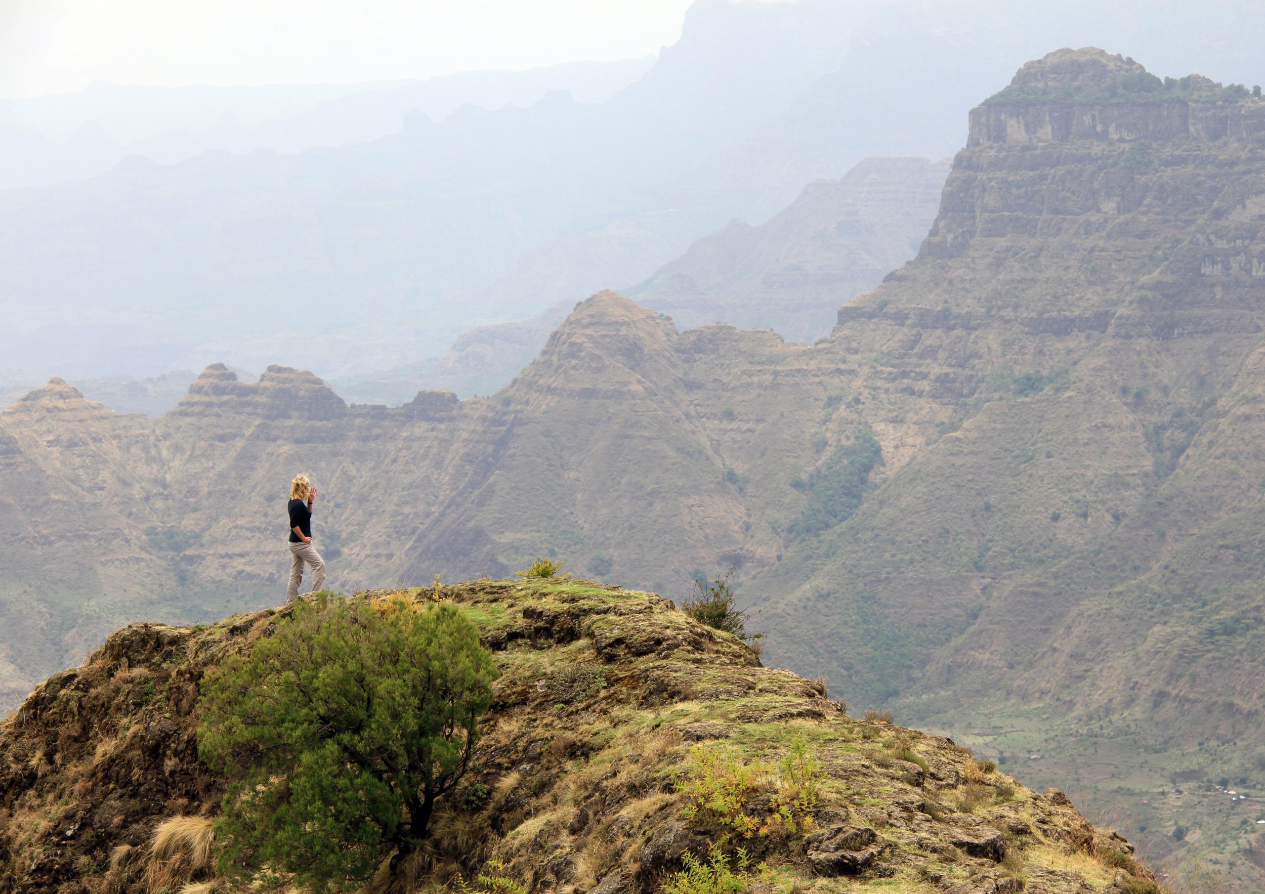 Writer Sue in northern Ethiopia's mountainous landscape