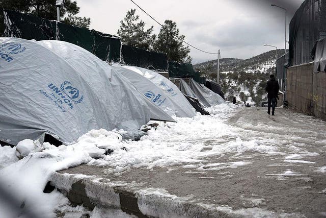 Snow-covered tents at the Moria refugee camp on the island of Lesbos last week