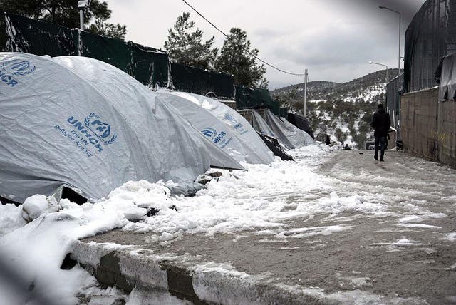Snow-covered tents at the Moria refugee camp on the island of Lesbos last week