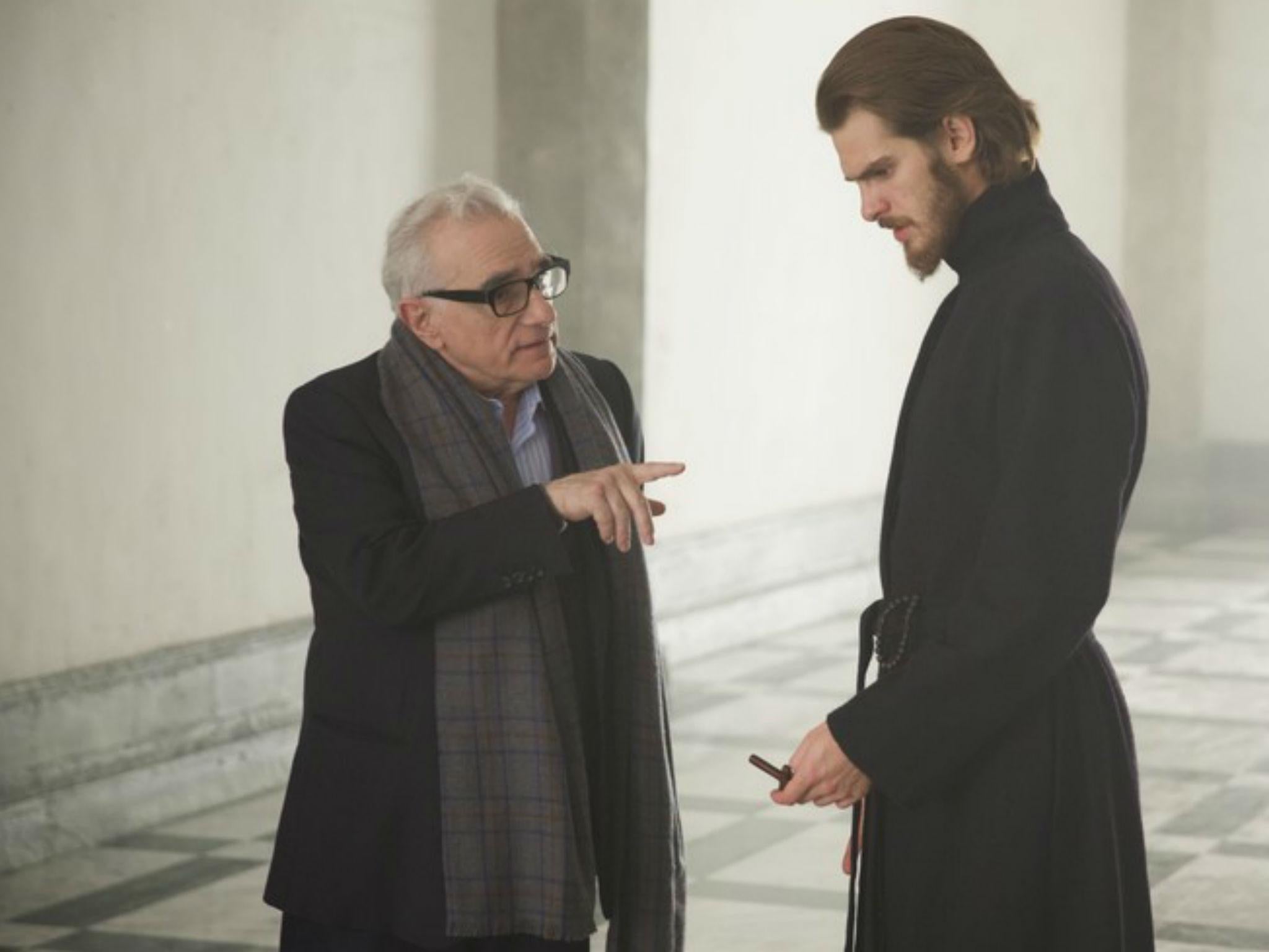 Scorsese (left) and Andrew Garfield on set of ‘Silence’