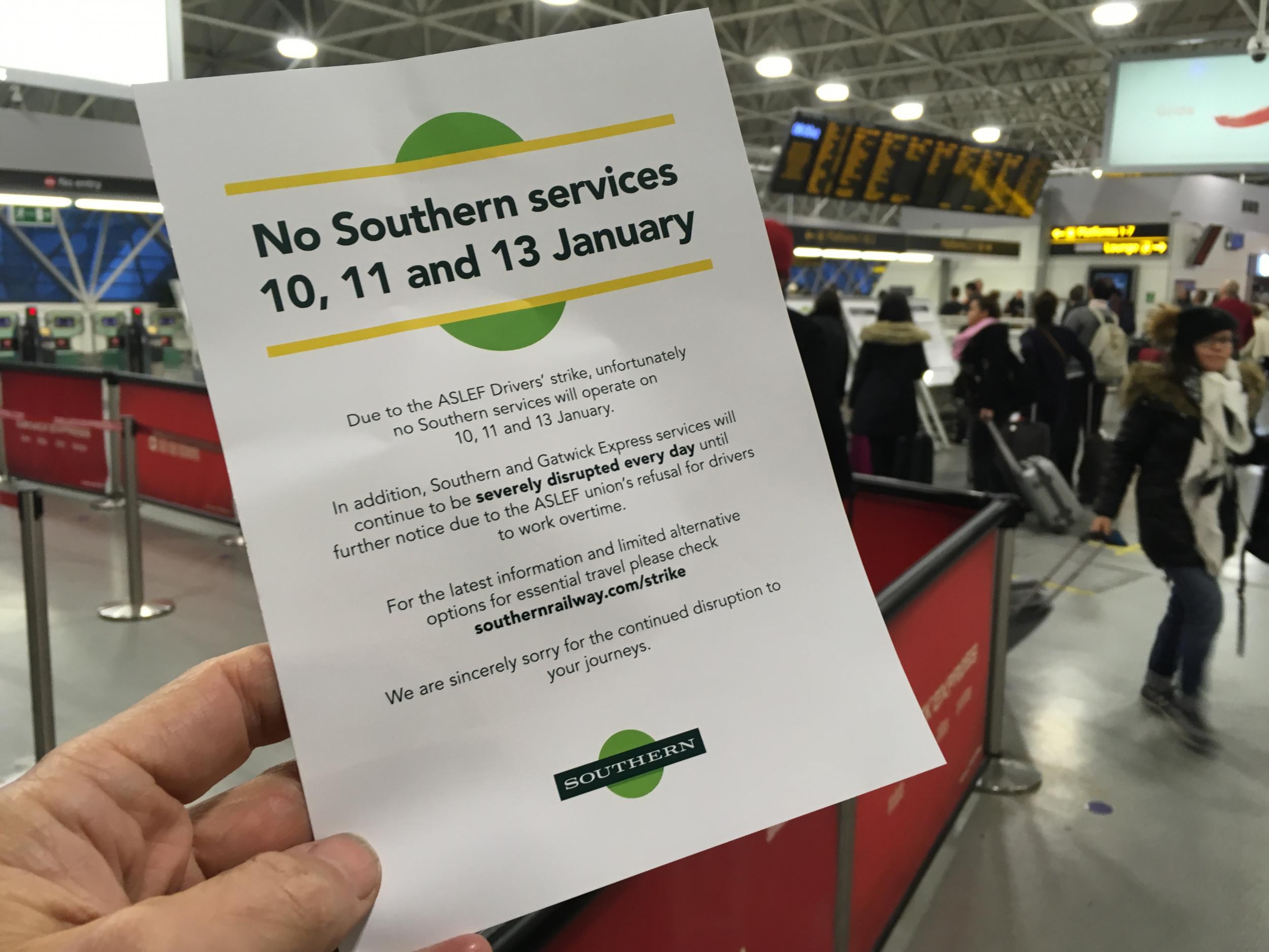 Train pain: leaflets handed out by Southern Rail staff at Gatwick airport