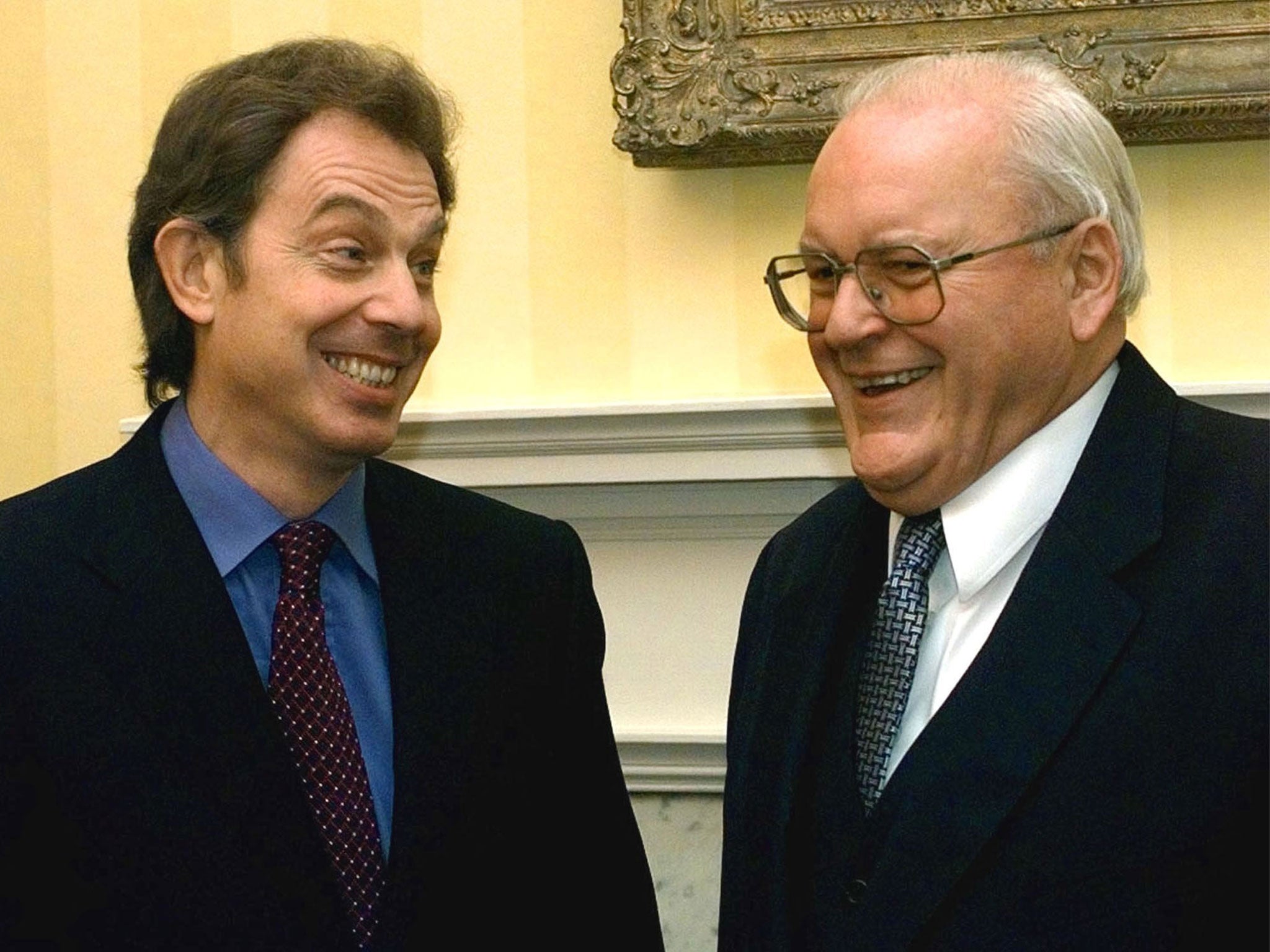 This file photo taken on December 03, 1998 shows Great Britain's Prime Minister Tony Blair (L) greeting German President Roman Herzog at Number 10 Downing Street, during a state visit