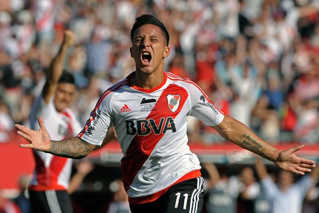 Sebastian Driussi, of River Plate, celebrates scoring