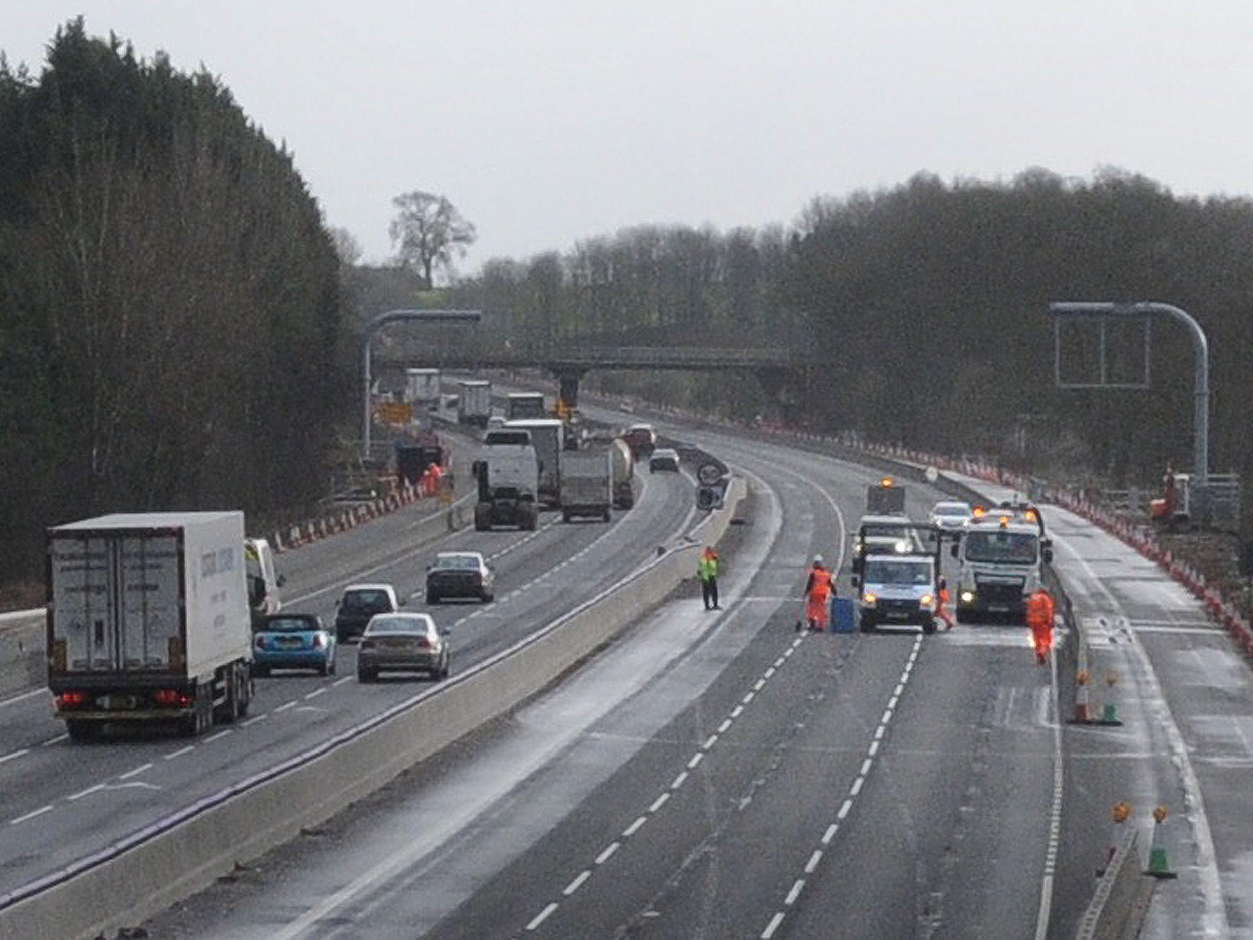 The scene on the M1 near Daventry where a body was found in the early hours on the northbound carriageway