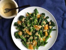 Purple sprouting broccoli with orange and cashews 
