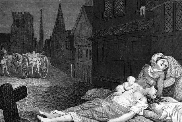 The dead and dying in London during the great plague of 1665. A cart in the background carries away those who have already succumbed