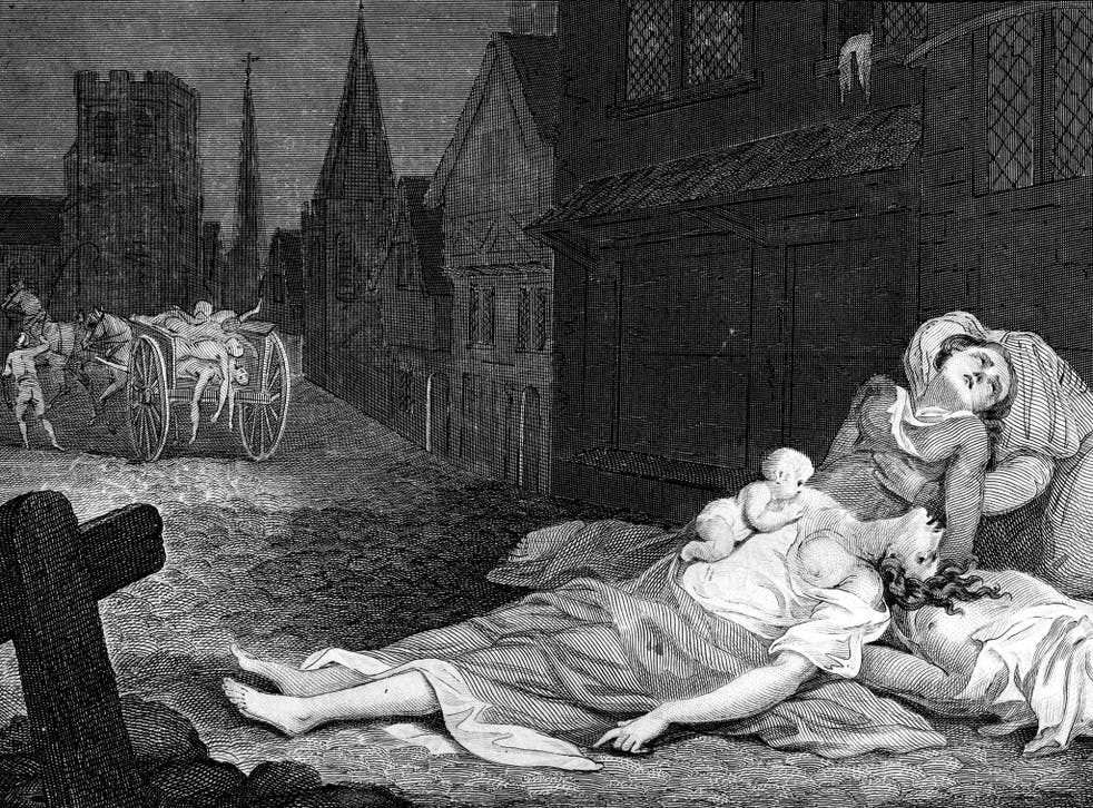The dead and dying in London during the great plague of 1665. A cart in the background carries away those who have already succumbed