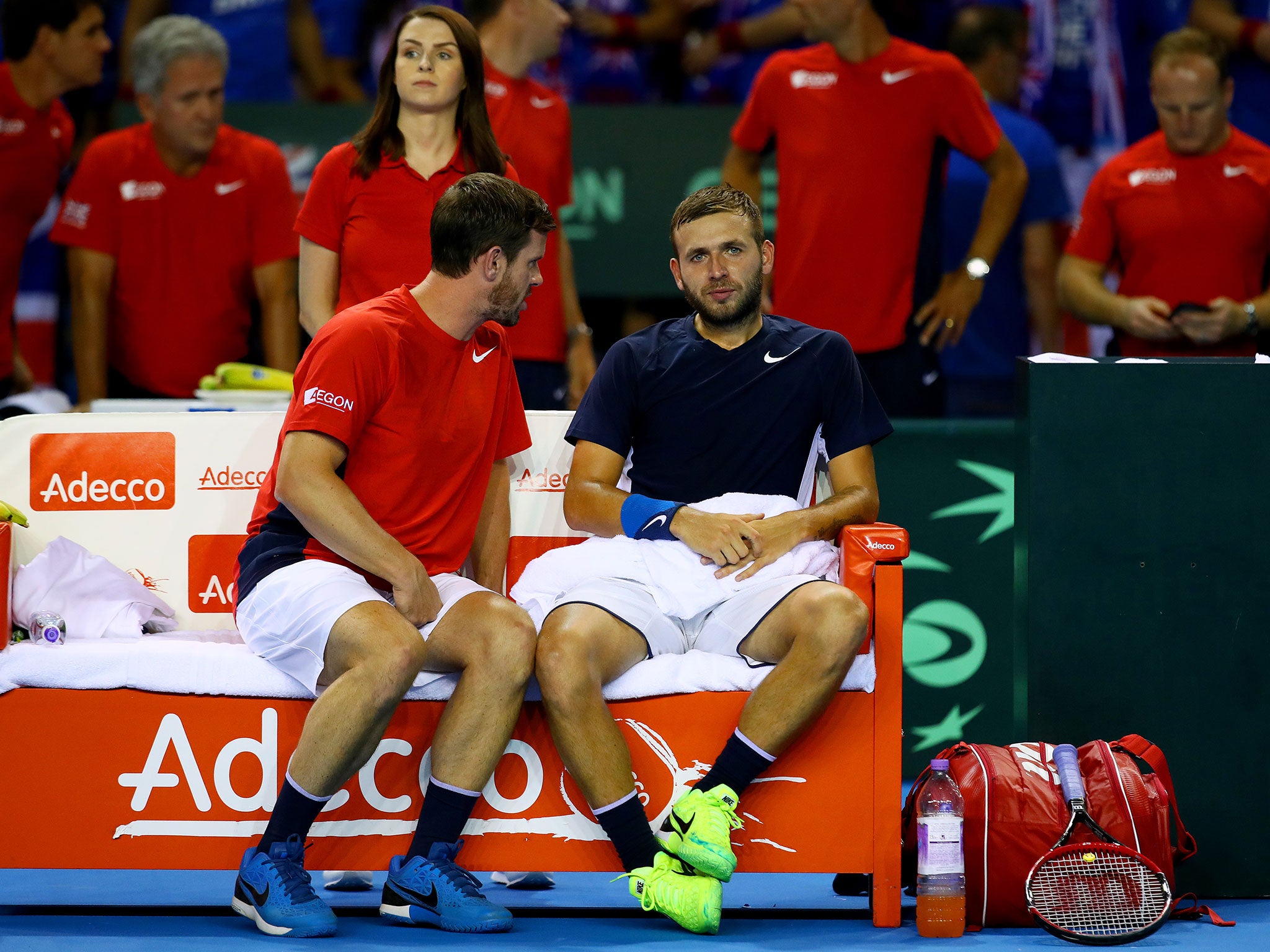 Evans with Leon Smith during day three of the Davis Cup semi final between Great Britain and Argentina