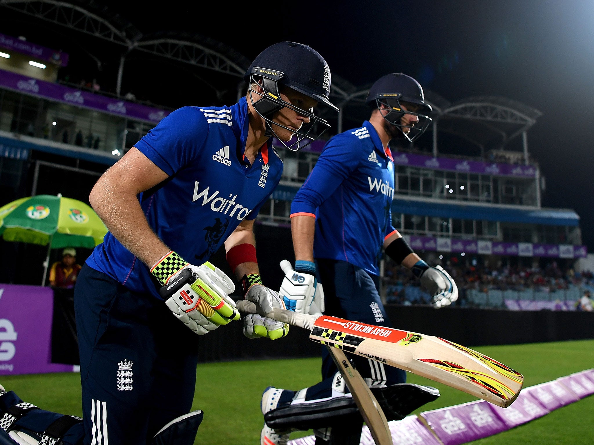 Sam Billings and James Vince run out to bat during the 3rd One Day International match between Bangladesh and England at the Zohur Ahmed Chowdhury Stadium in October, 2016