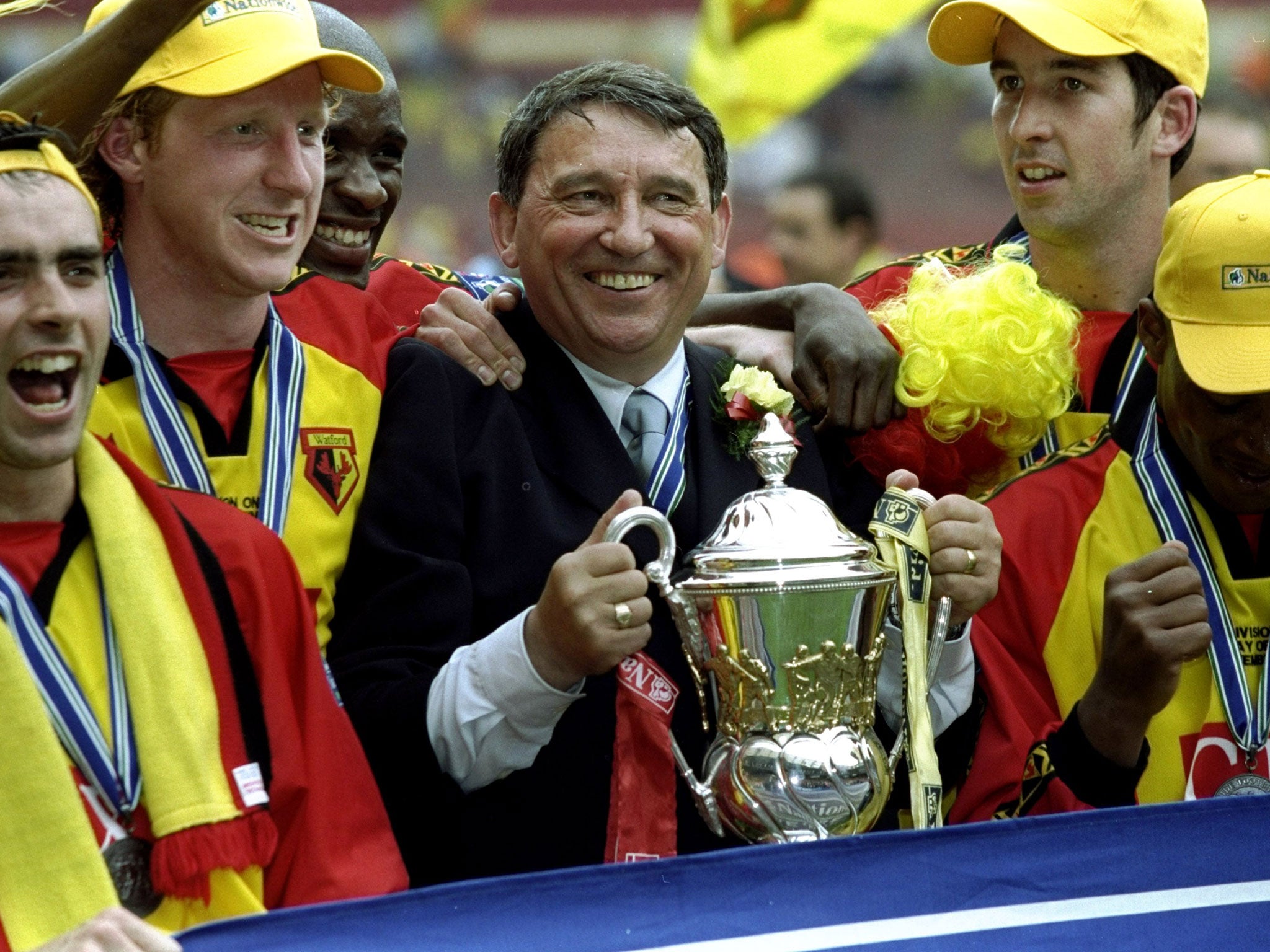 Watford players and Taylor celebrate victory after promotion to the old First Division, May 1999