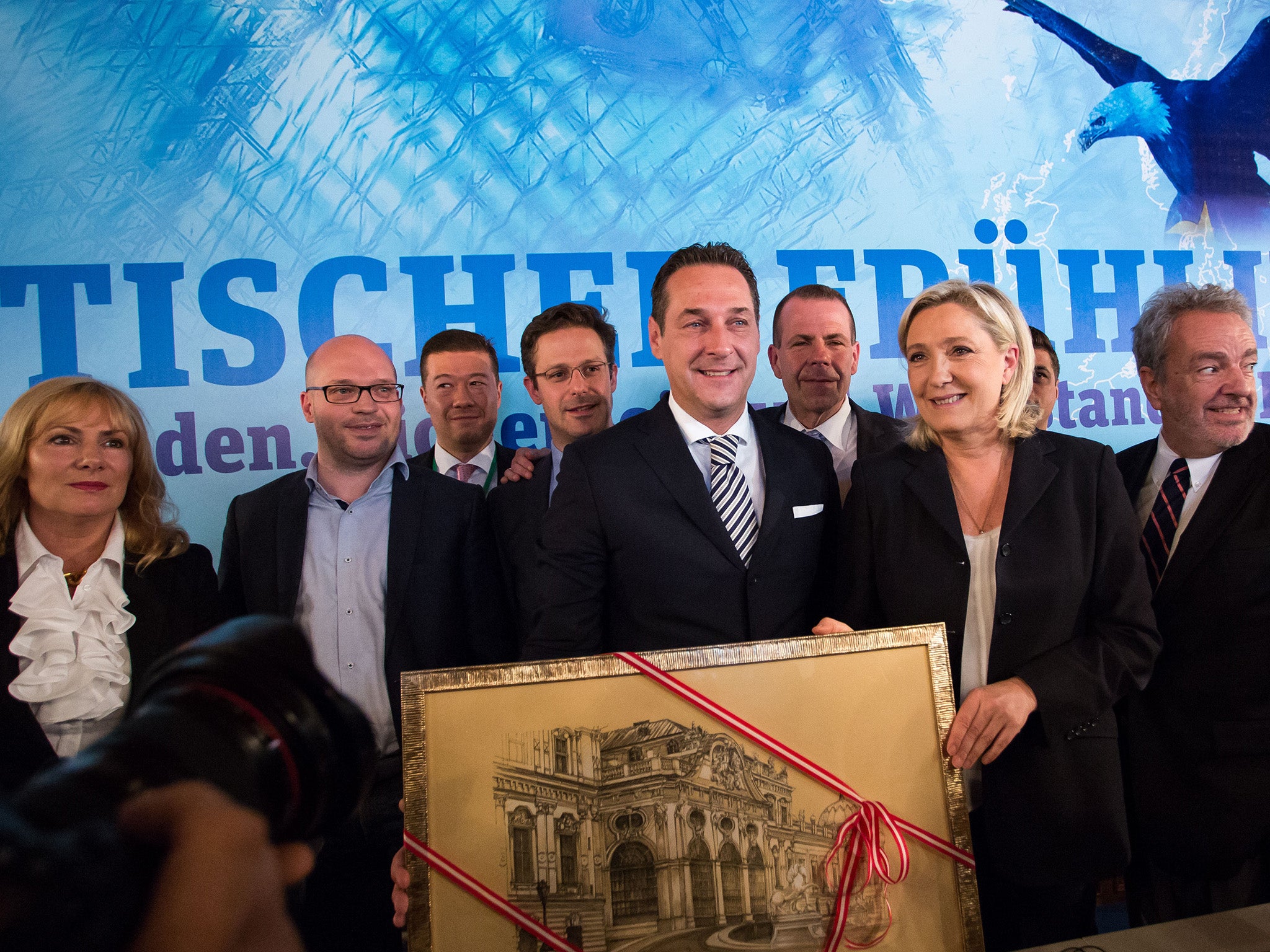(L to R) Politicians including former Ukip member Janice Atkinson from United Kingdom, Lorenzo Fontana from Veneto, Tomio Okamura from Czech Republic, Marcus Pretzell from Germany, Hans Christian Strache from Austria, Harald Vilimsky from Austria, Marie Le Pen from France and Gerolf Annemans from Flanders pose for photographers at meeting in Vienna in June 2016