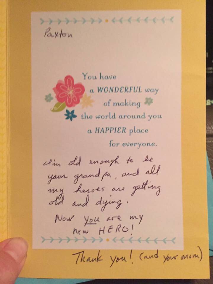 A card thanking Ms Ballard's six-year-old son for his charitable spirit