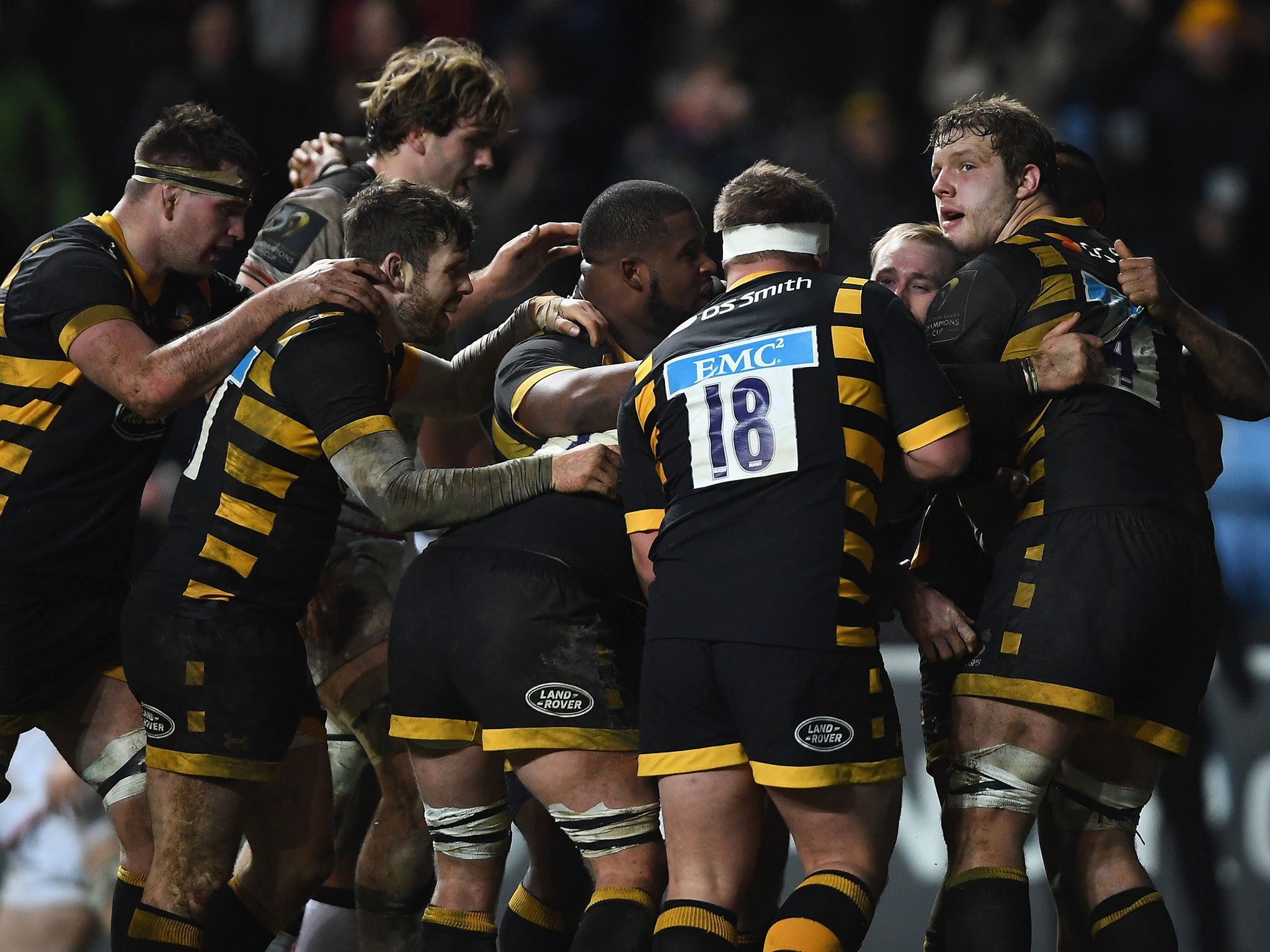 Wasps celebrate after Dan Robson's last-minute try secures victory over Toulouse