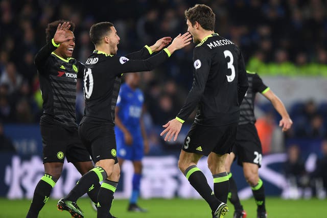 Chelsea players celebrate their early goal at the King Power Stadium