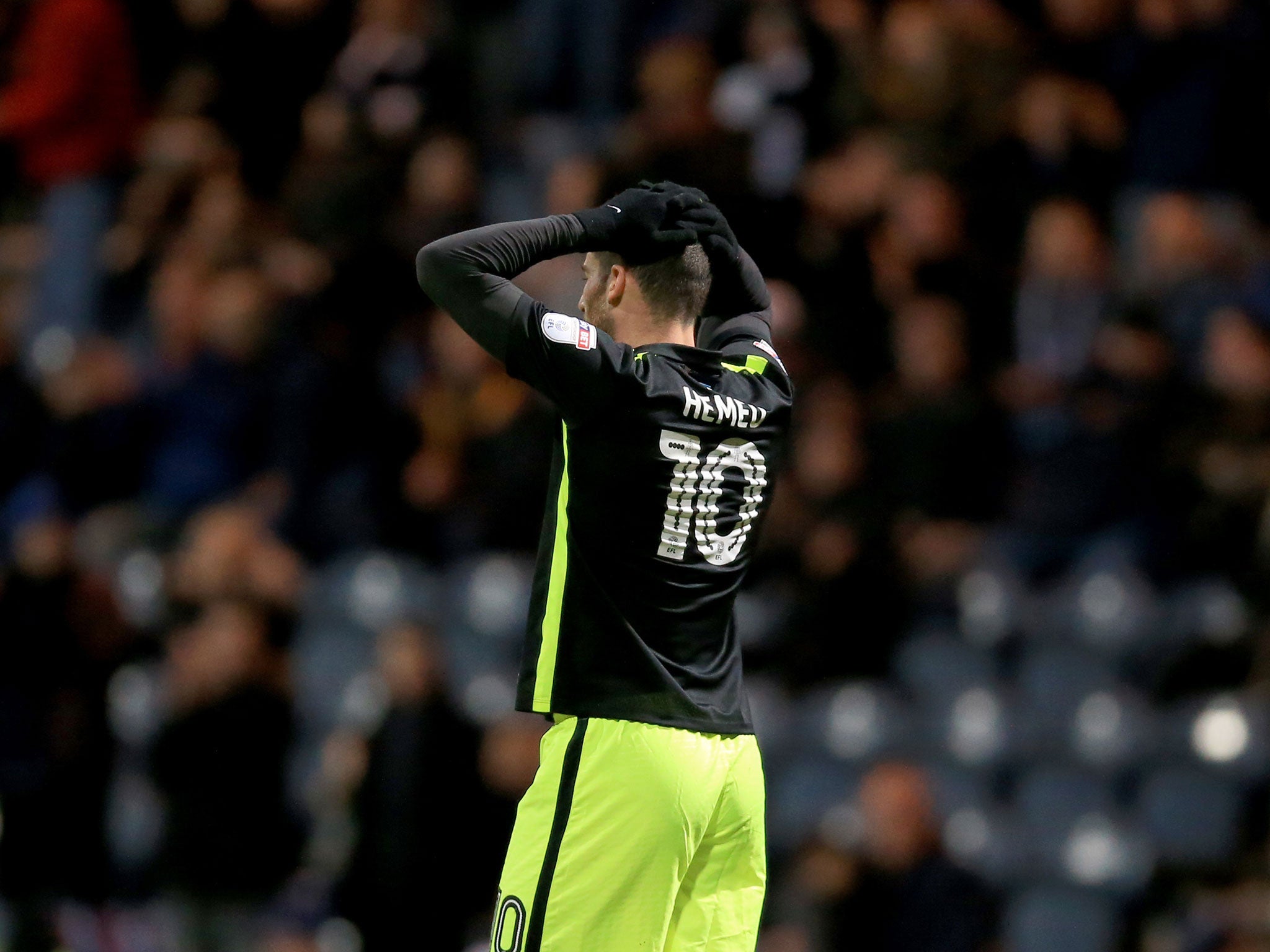 Brighton and Hove Albion's Tomer Hemed reacts after he misses a penalty during the Sky Bet Championship match at Deepdale, PrestoN