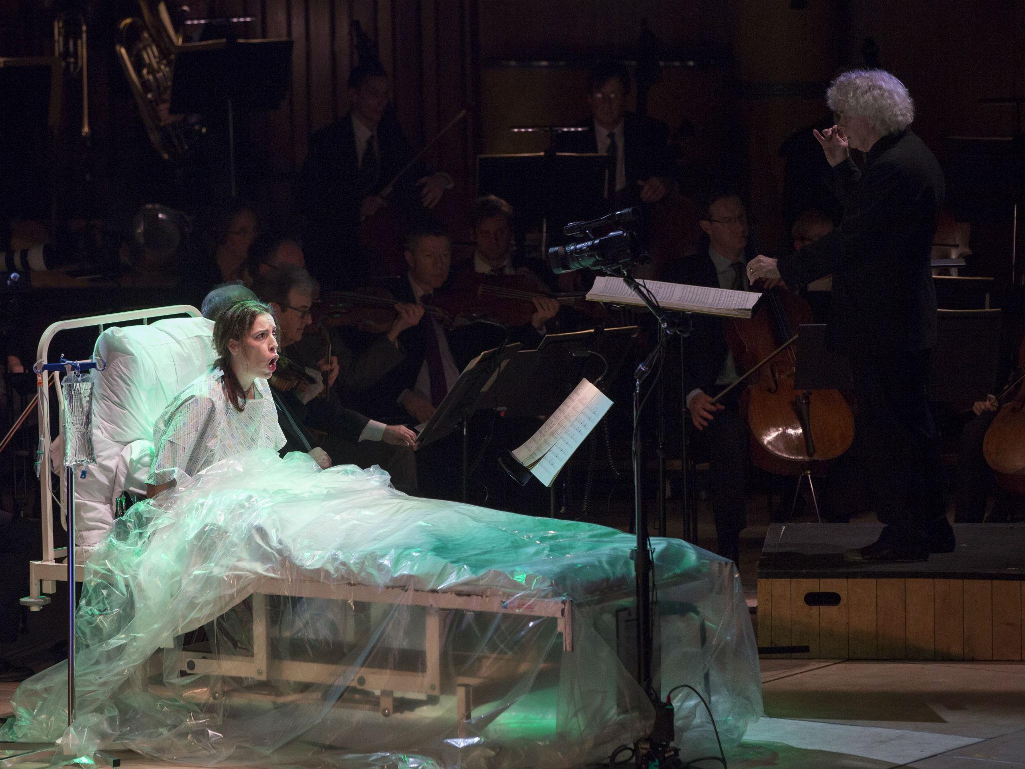 Audrey Luna as Gepopo in Ligeti’s ‘anti-anti-opera’, with Simon Rattle conducting the London Symphony Orchestra in the background