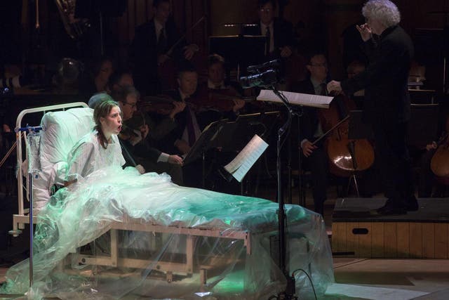 Audrey Luna as Gepopo in Ligeti’s ‘anti-anti-opera’, with Simon Rattle conducting the London Symphony Orchestra in the background