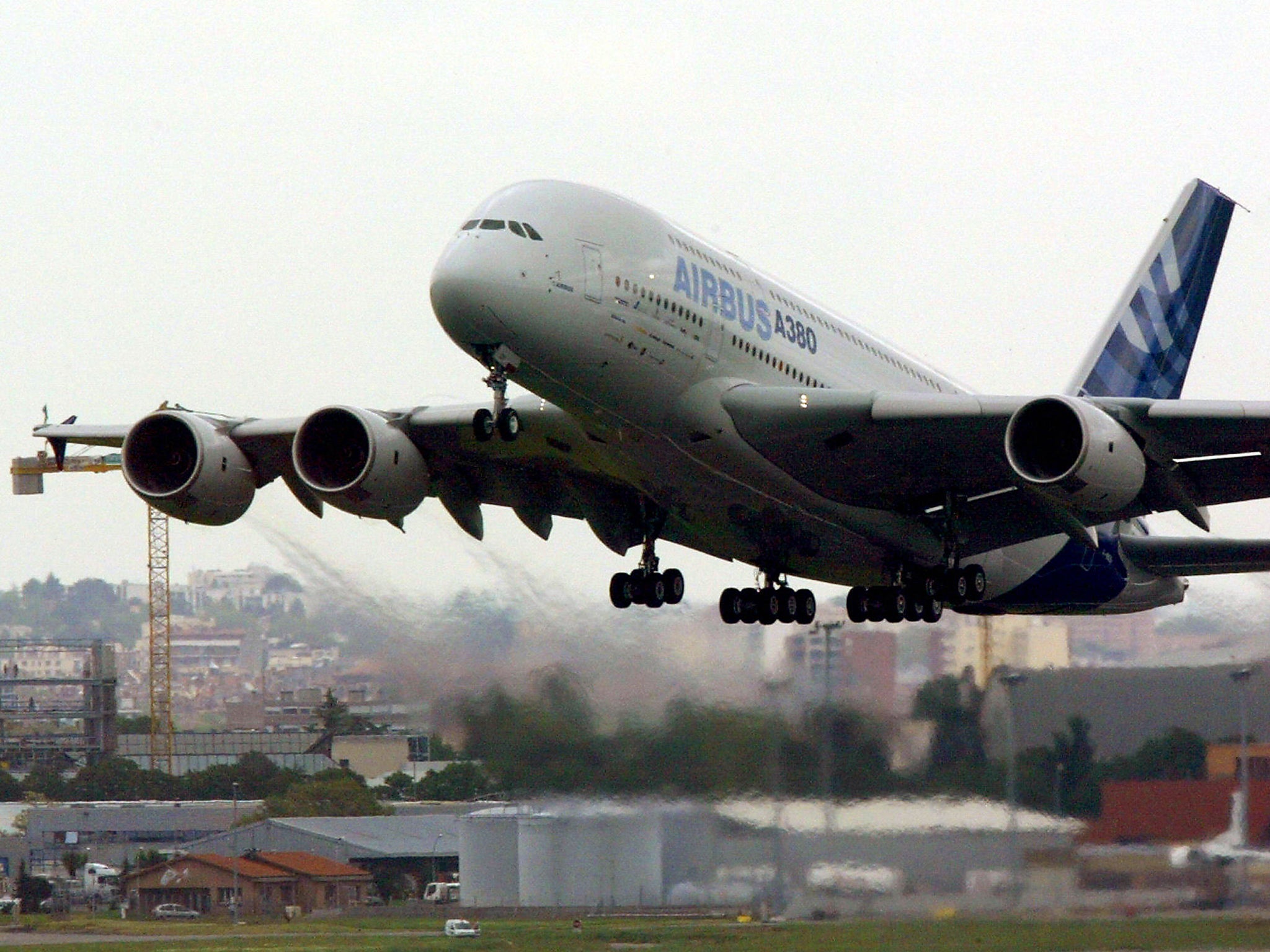 The superjumbo Airbus A380, the world's largest commercial airliner, taking off from the Toulouse-Blagnac airport for its second test flight, in Toulouse, southern of France