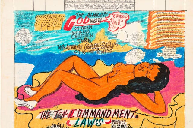 Royal Robertson, Untitled (The Ten Commandment Laws or Dustdard Sinfulness Farm), c. 1980, Marker and ink on poster board. Courtesy of Andrew Lemeshewsky, Jr. and Shrine Gallery