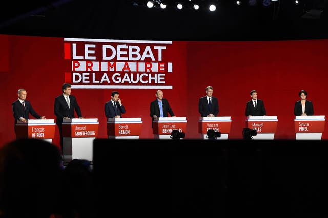 French politicians attend the second televised debate for the French left's presidential primaries in Paris