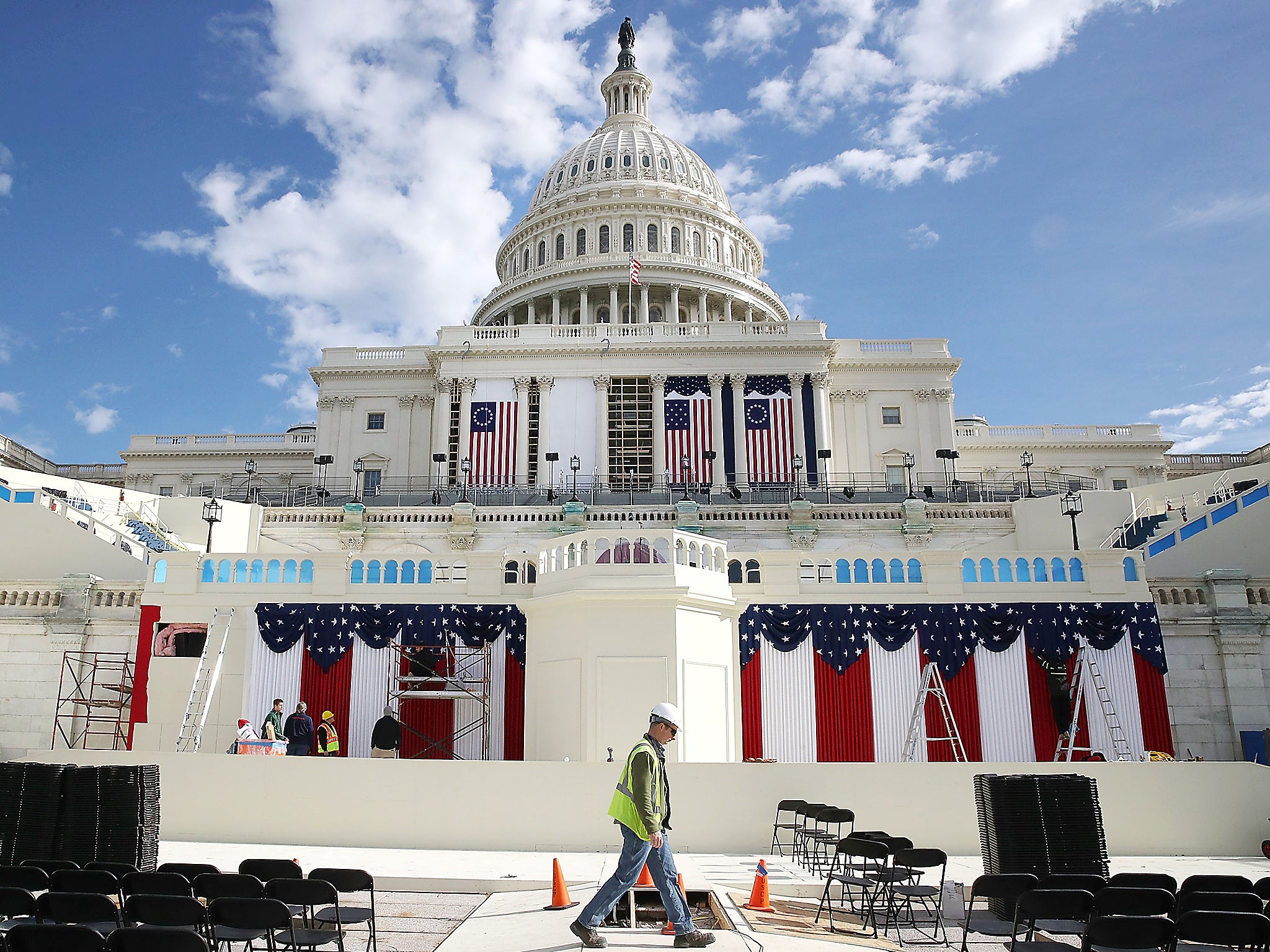 The stage is prepared ahead of the presidential inauguration at the US Capitol in Washington DC